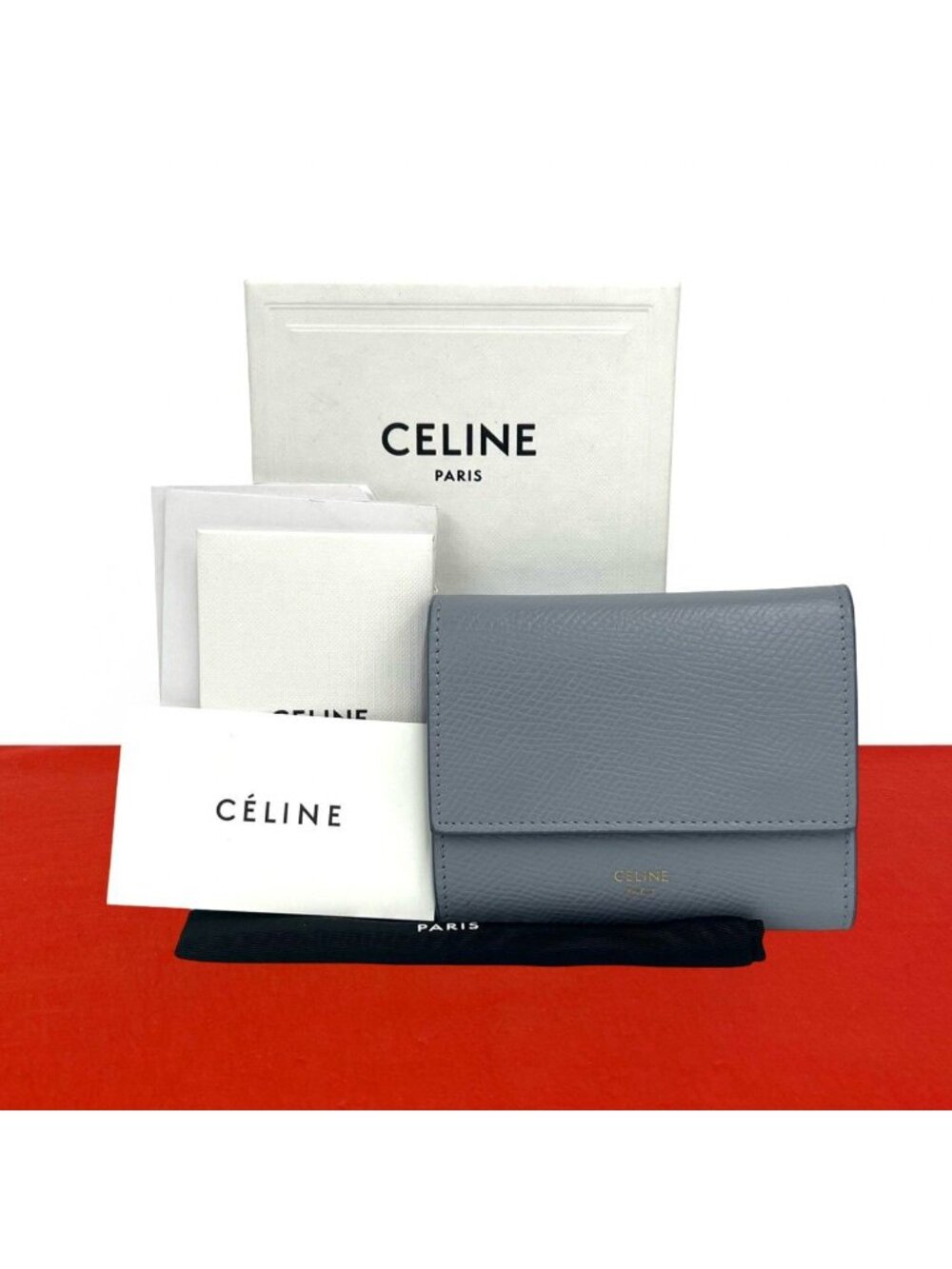Celine Trifold Logo Leather Wallet Mini Card Case Blue